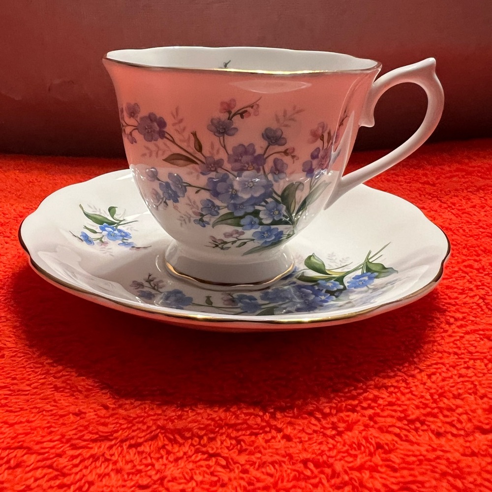 Royal Albert Bone China Cup with Green and Blue Accents “Forget me Nots”